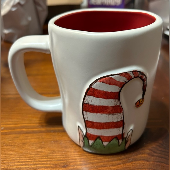 Double sided Rae Dunn Santa’s Little Helper Elf mug. Red interior asymmetrical - Picture 4 of 8